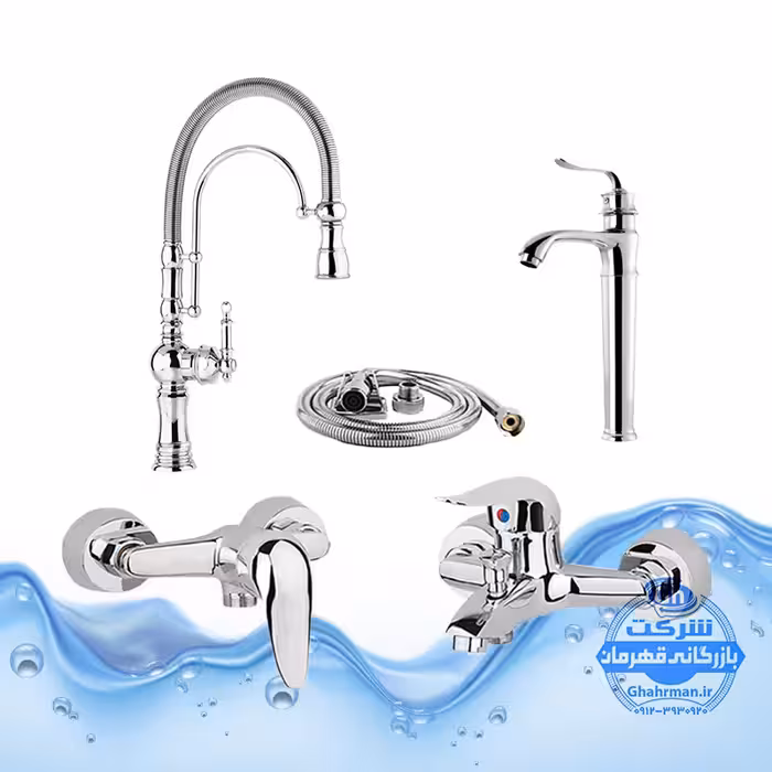 ست 5 عددی شیرآلات برند آیدا صنعت مدل بیزانس و قهرمان | شیر روشویی پایه‌بلند   شیر ظرفشویی بیزانس تک‌منظوره   شیر حمام   شیر توالت   شلنگ توالت | کروم براق