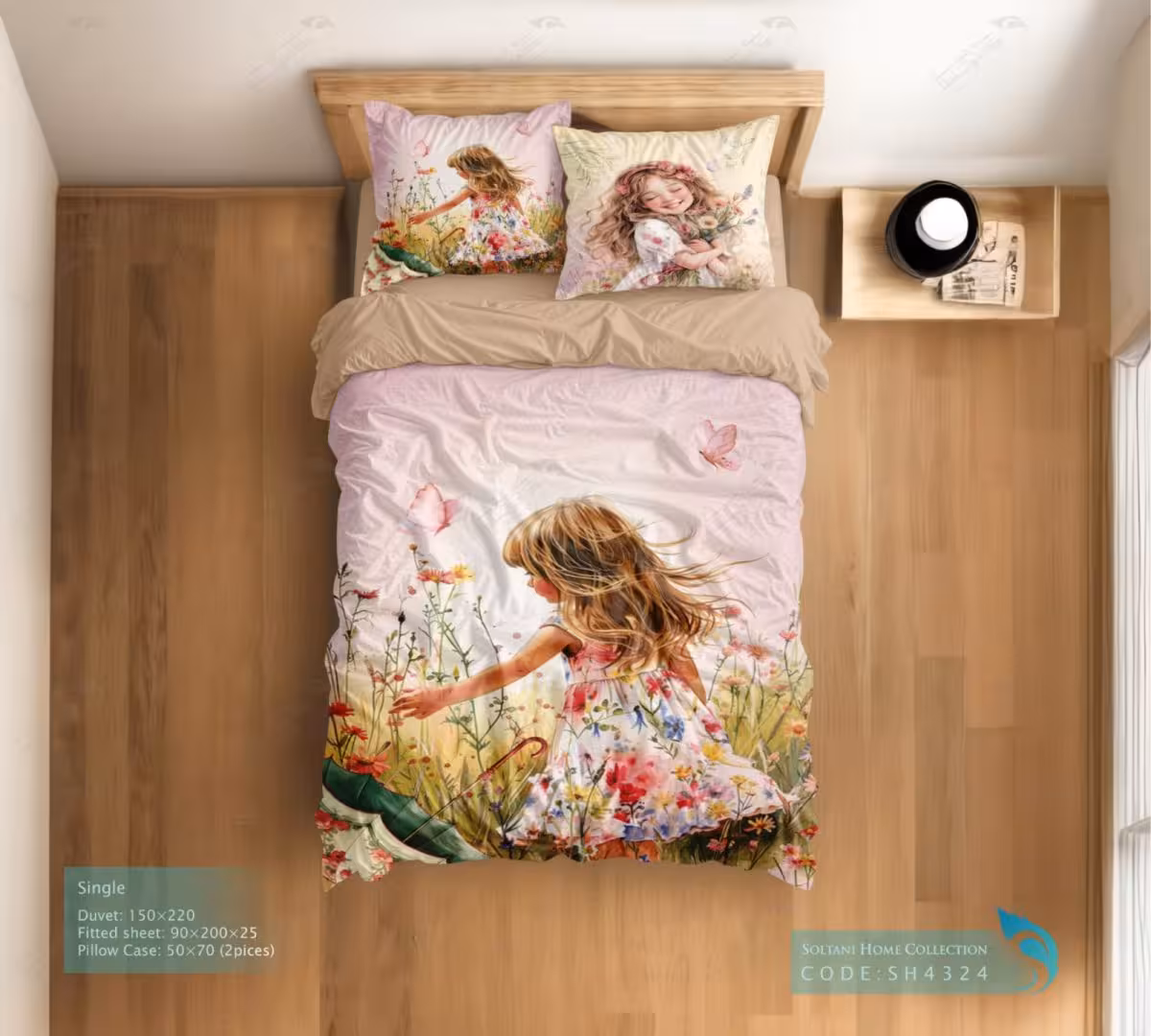 روتختی و ست کامل طرح دختری میان گل ها سایز یکنفره کد SH4324