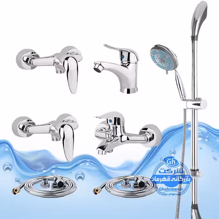 ست 7 عددی شیرآلات برند آیدا صنعت مدل قهرمان اردکی | شیر حمام   روشویی   دو عدد شیر توالت   علم دوش یونیکا   دو عدد شلنگ توالت | کروم براق