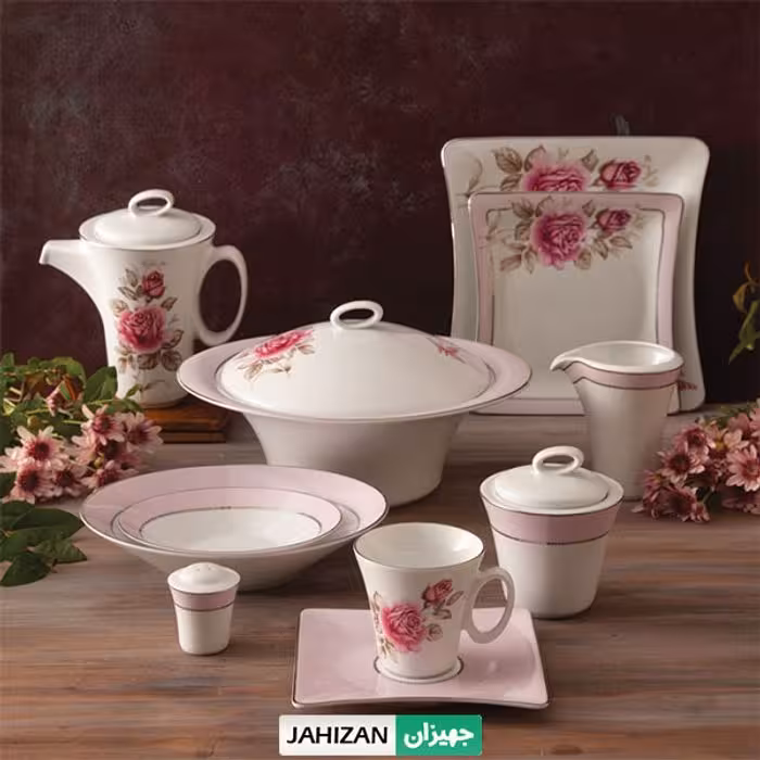 سرویس چینی زرین 97پارچه رزفلاور پلاتینی سری وینچی