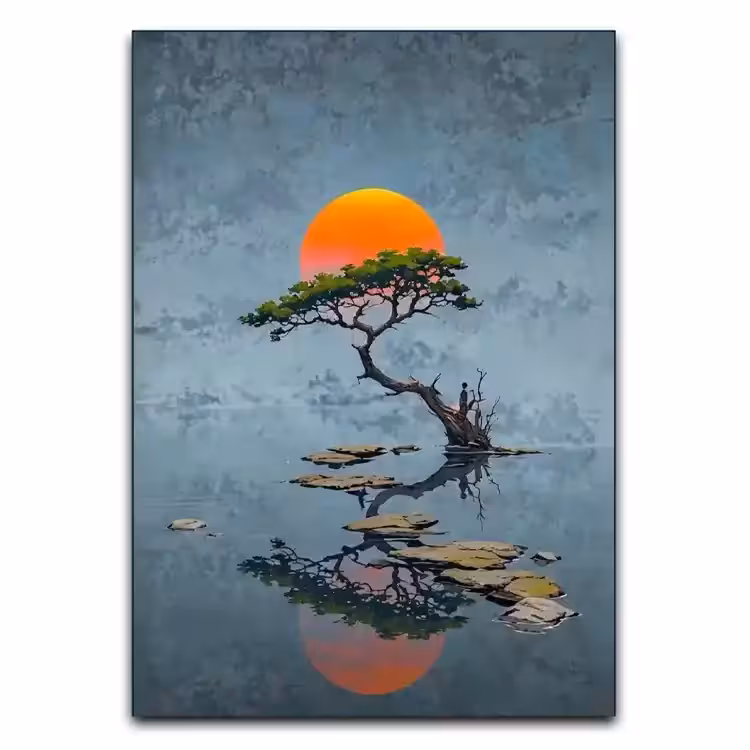 تابلو مینیمال درخت و غروب