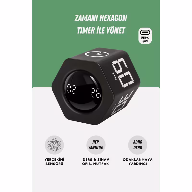 تایمر شش‌ضلعی Gworke GT-2 | تایمر Flip با طراحی مدرن | مدیریت زمان به روش پومودورو | مناسب برای مطالعه، امتحان و کارهای روزانه | کاربردی در آشپزخانه و محیط‌های آموزشی | ابزار حرفه‌ای برای افزایش تمرکز و بهره‌وری