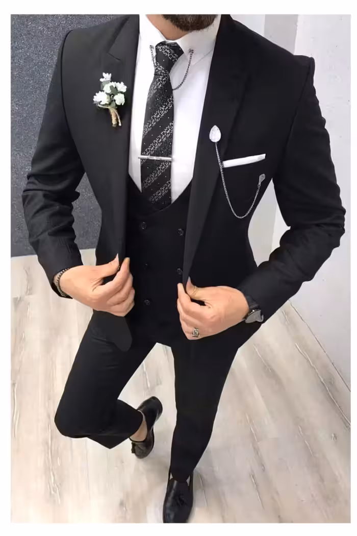 کت و شلوار مردانه با برش باریک و جلیقه (هدیه: گیره یقه و کراوات) - 5268