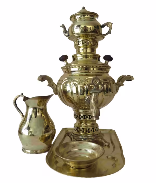 سماور ذغالی 1 لیتری برنجی با سرویس کامل