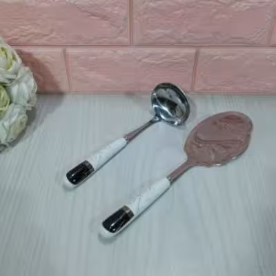 کفگیر و ملاقه دسته سرامیک ماربل سفید مشکی