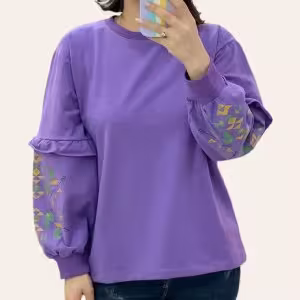 بلوز پنبه دورس آستین چین دار طرح نیزه ای