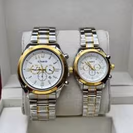 ست ساعت کاسیو بند استیل 2 رنگ طلایی صفحه سفید - کد 185ط