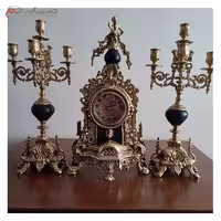 ست ساعت و شمعدان برنزی مدل کنت با پایه سنگ مرمر مشکی
