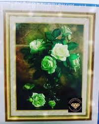 تابلو خام نقاشی با الماس طرح گلدان و گل سبز