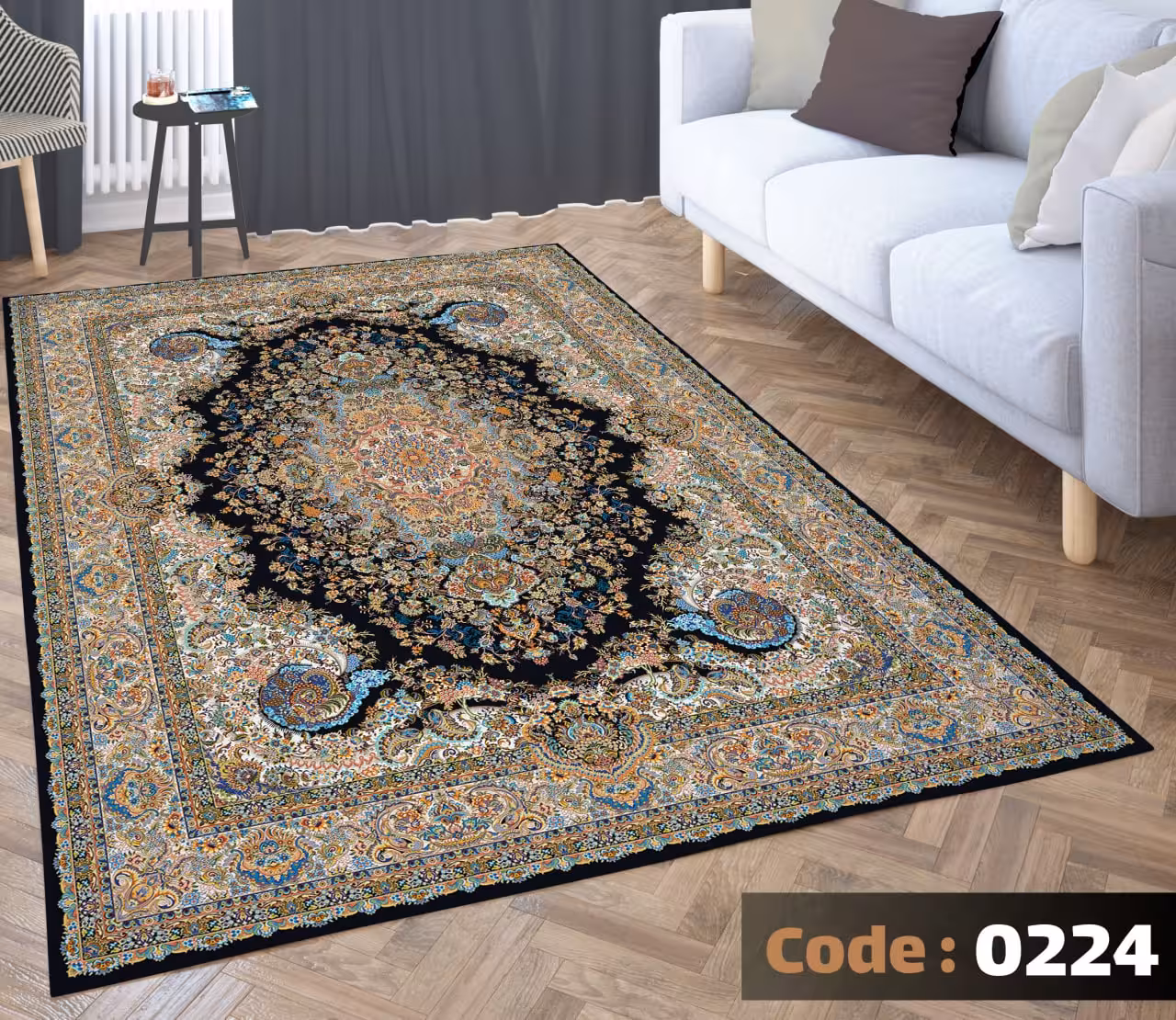 کاورفرش روفرشی دورکشدار گوشه لیفه ای لاکی ، آبی و متنوع کد 0224