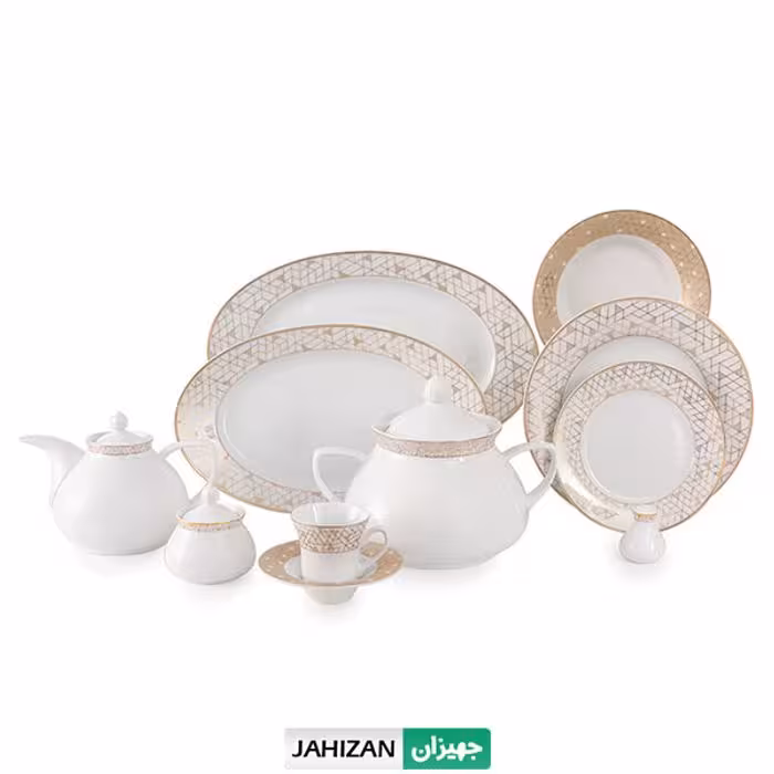 سرویس چینی زرین 108پارچه ژئومتریکال نقره ای سری شهرزاد