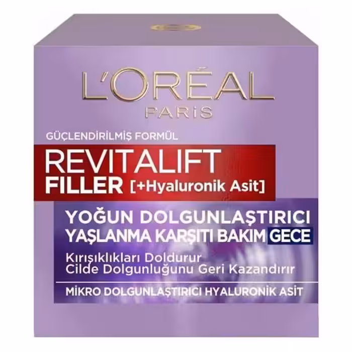 کرم شب ضد چروک لورال پاریس LOREAL PARIS مدل REVITALIFT FILLER حاوی هیالورونیک اسید حجم 50 میل