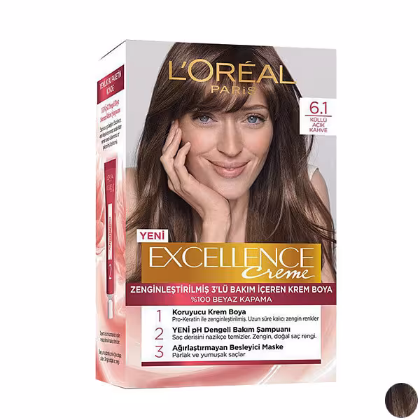 کیت رنگ مو لورال مدل Excellence شماره 6.1 حجم 48 میلی لیتر رنگ قهوه ای