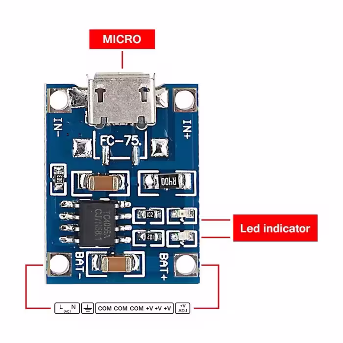 ماژول شارژر لیتیومی مدل TP4056 با کانکتور Micro USB