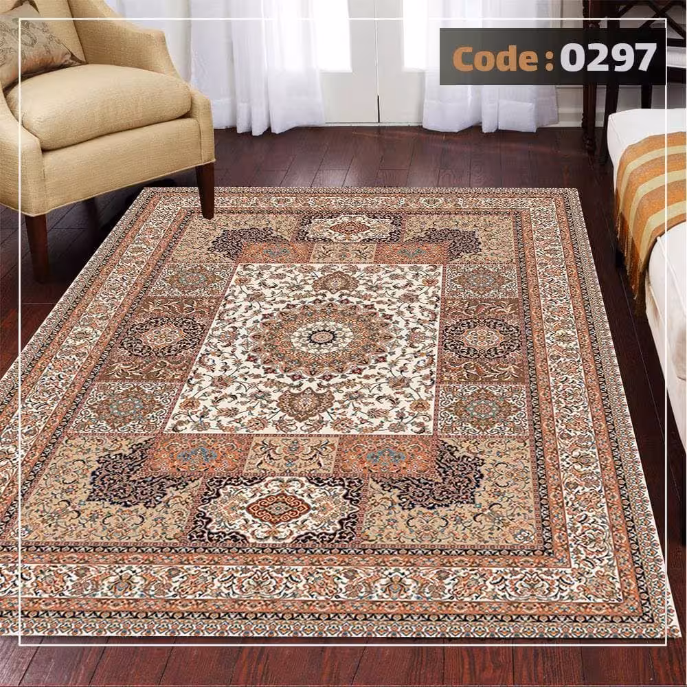 کاورفرش روفرشی دورکشدار گوشه لیفه ای کرم  قهوه ای کد 0297