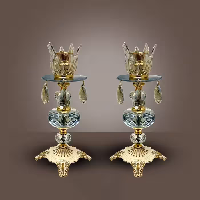 شمعدان کریستالی دودی تراش خورده آویز اشکی