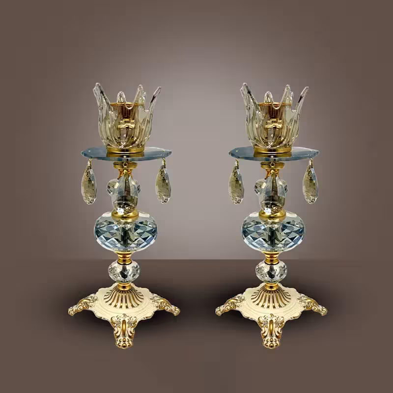 شمعدان کریستالی دودی تراش خورده آویز اشکی