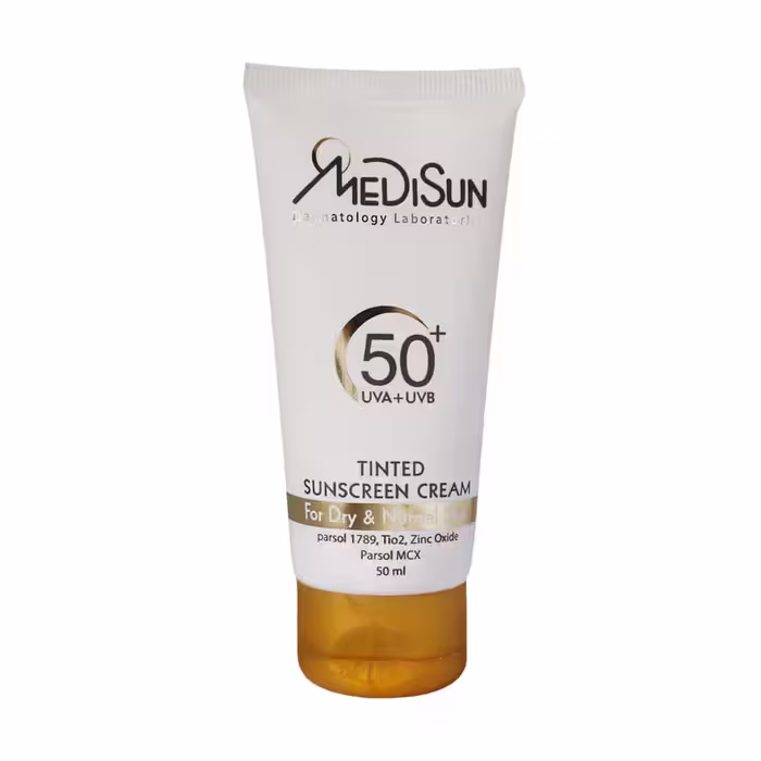 کرم ضد آفتاب رنگی SPF50 مدیسان مناسب پوست معمولی و خشک 50 میلی لیتر