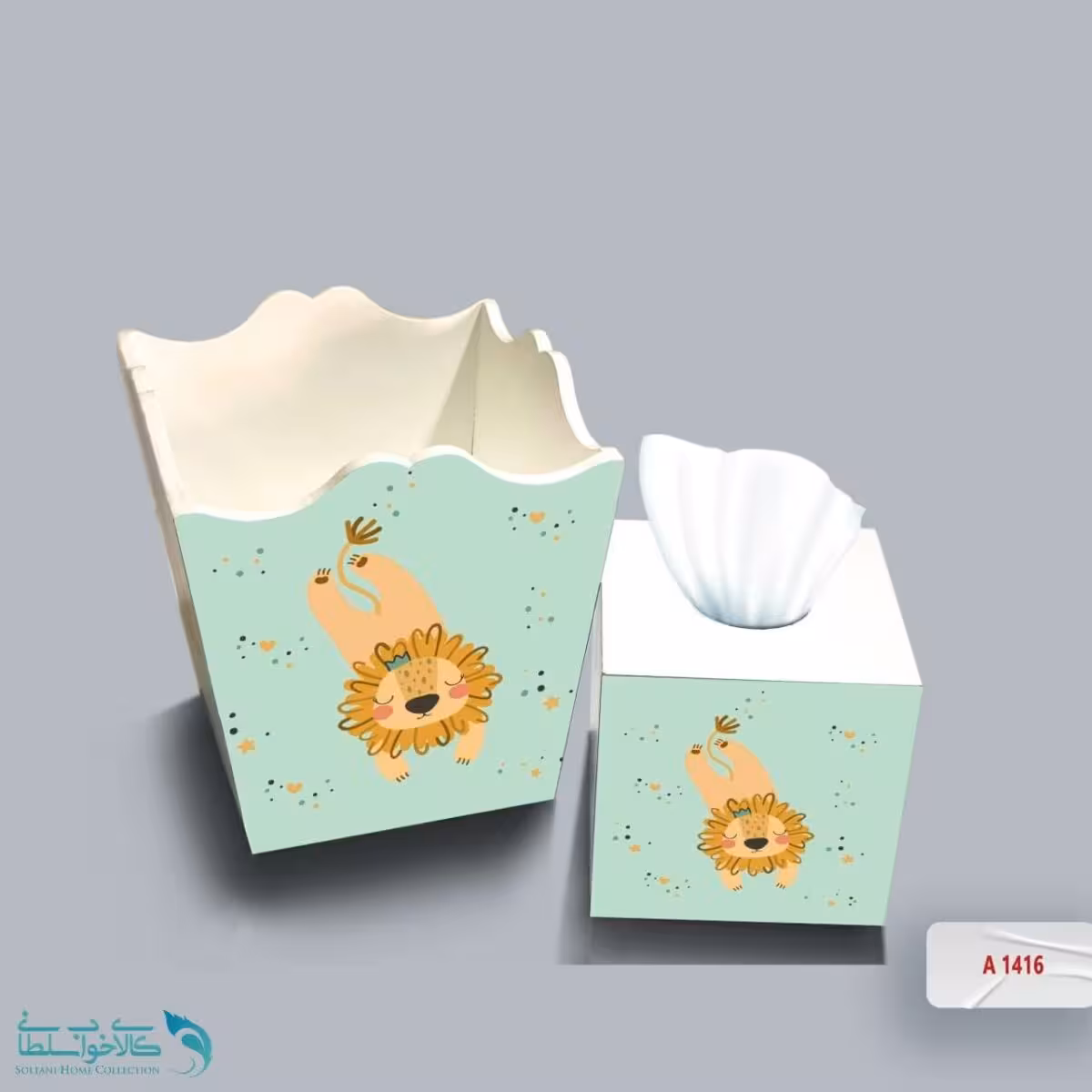 ست سطل و جا دستمال چوبی کودک طرح شیر کد A1416