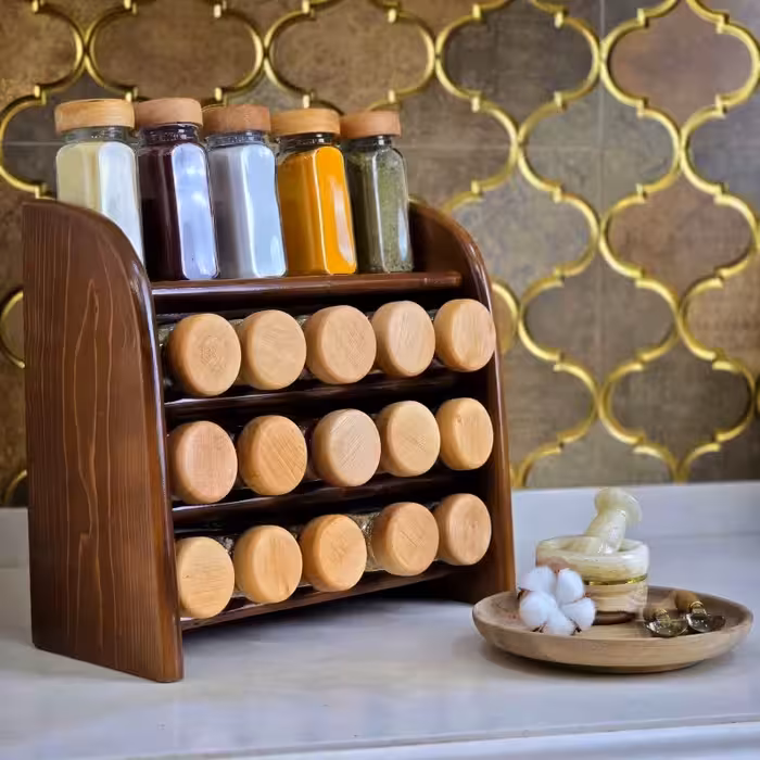 استند جا ادویه عمده مدل 05 راشین فندقی چوبی 15عددی شاتوت (پس کرایه)