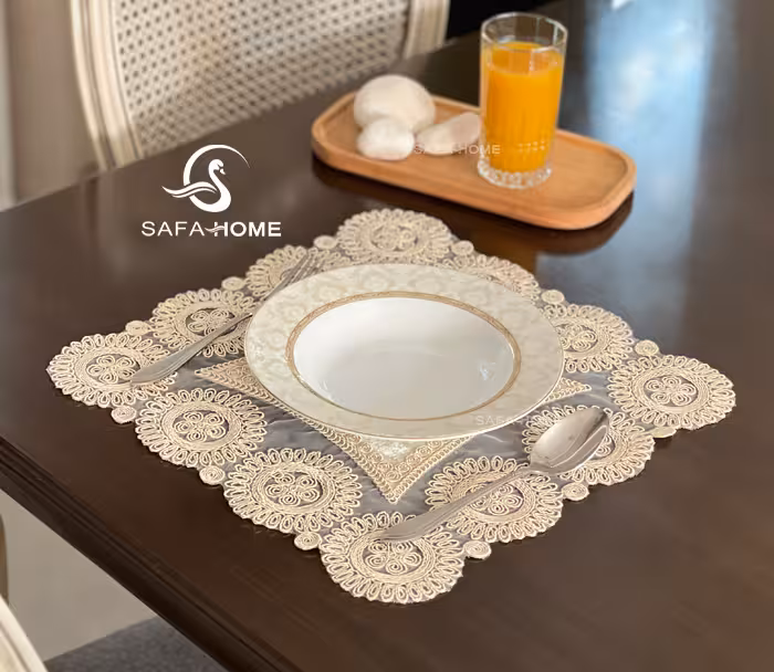 رومیزی عسلی مخمل قیطان دوزی کد 2