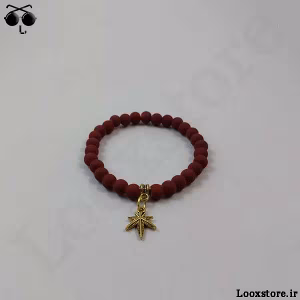 دستبند مهره ای زرشکی مات با آویز برگ