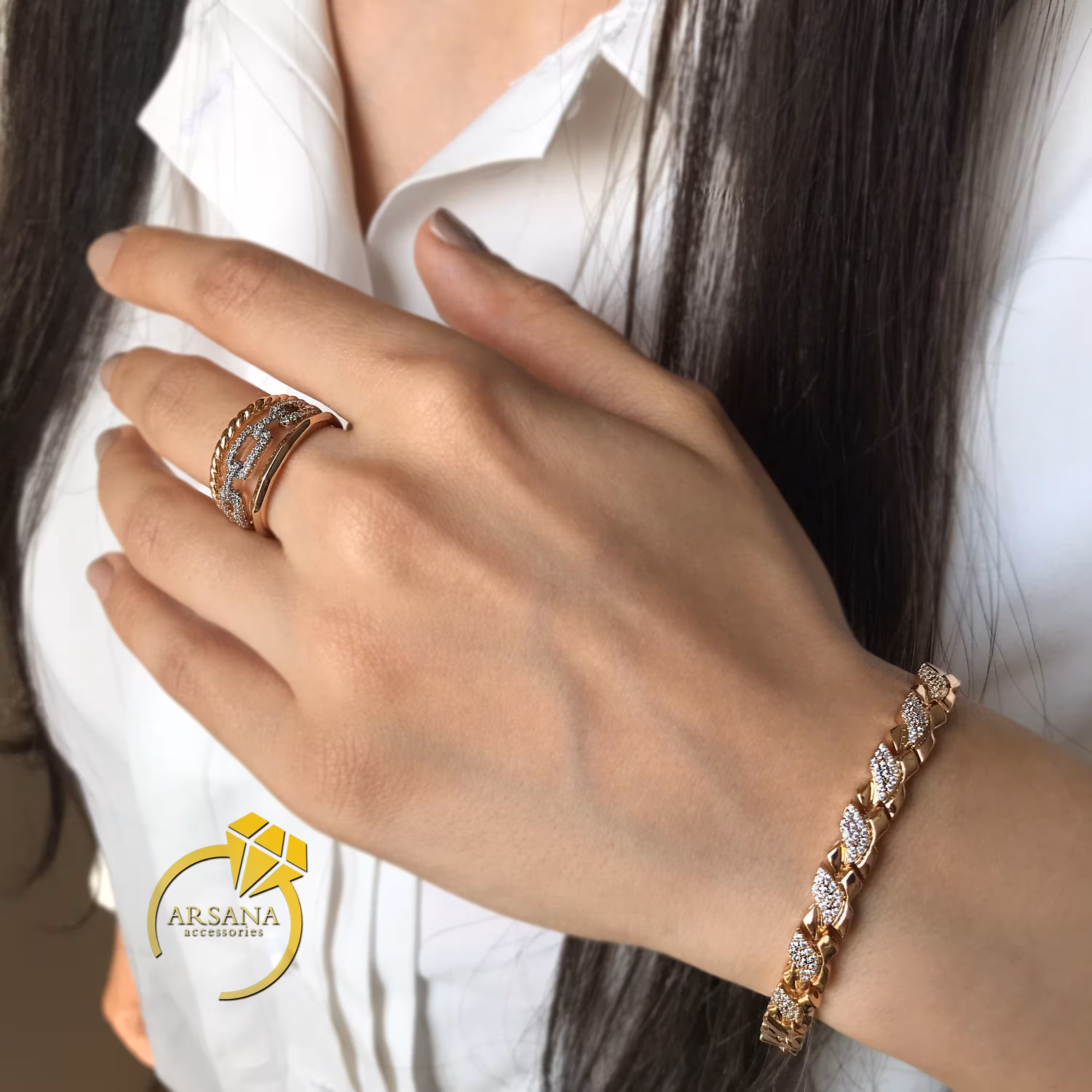 ست زنانه ژوپینگ نگین دار رنگ رزگلد