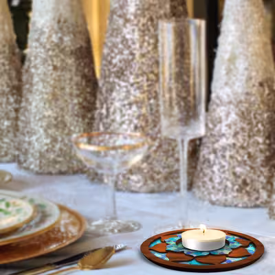 شمعدان مدل گل نیلوفر طرح کاشی مجموعه 2 عددی