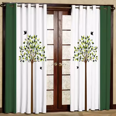 پرده مدل درخت زمینه سفید و سبز هازان پانچی کد 1160 سایز 140x200 سانتی متر