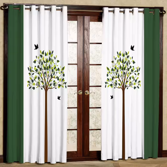 پرده مدل درخت زمینه سفید و سبز هازان پانچی کد 1160 سایز 140x200 سانتی متر