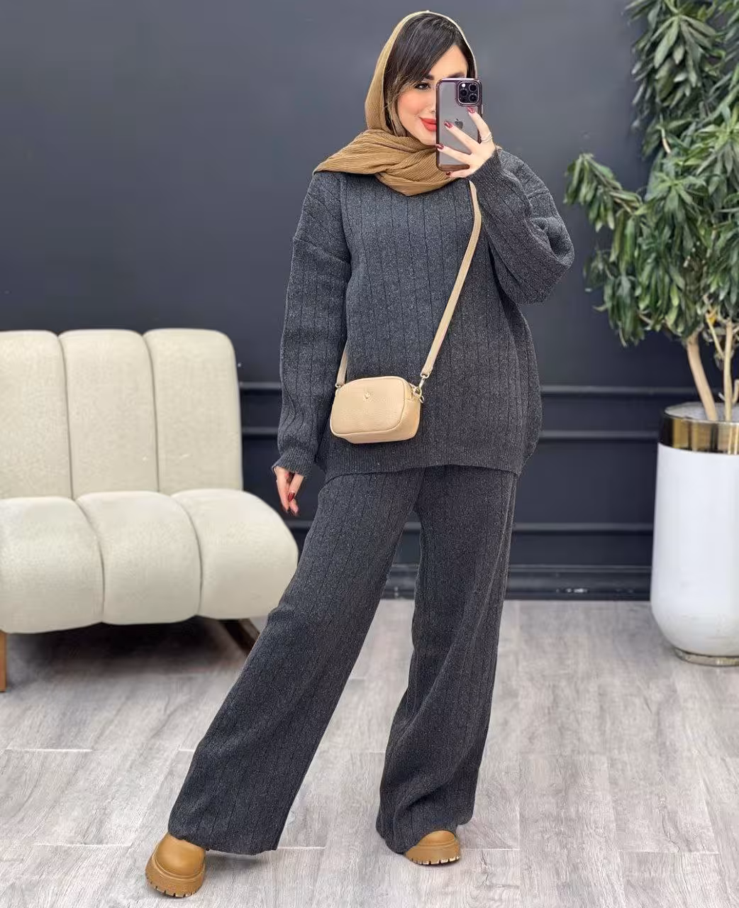 بلوز شلوار بافت ساده کبریتی