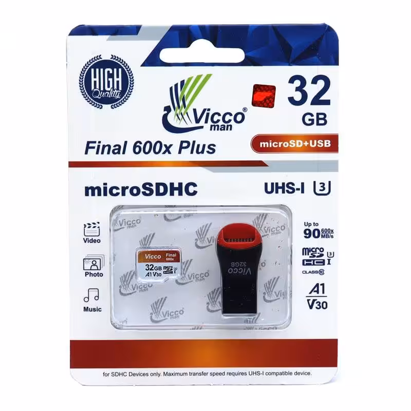 کارت حافظه میکرو 32 گیگ ویکومن Vicco Man Final 600x Plus U3 90MB/s با رم ریدر