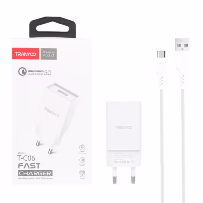 شارژر دیواری 18W فست تک پورت Tranyoo مدل T-C06 به همراه کابل شارژ Type-C – سفید-کد4072