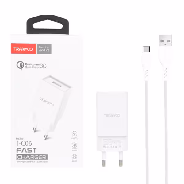 شارژر دیواری 18W فست تک پورت Tranyoo مدل T-C06 به همراه کابل شارژ Type-C – سفید-کد4072