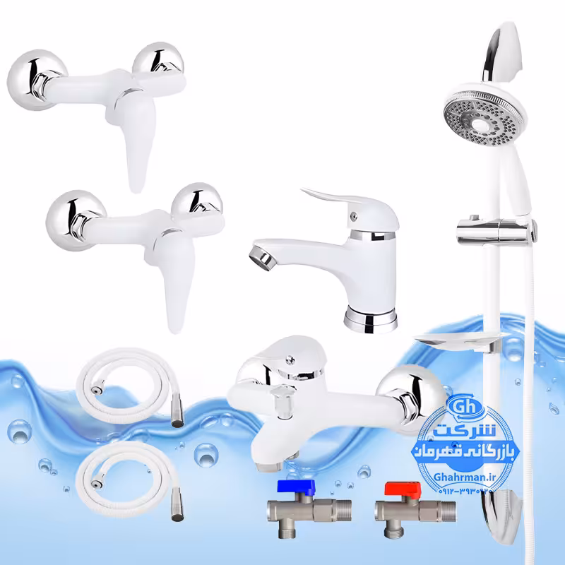 ست 9 عددی شیرآلات برند آیدا صنعت مدل قهرمان اردکی | شیر روشویی   شیر حمام   دو عدد شیر توالت   علم دوش یونیکا   دو عدد شلنگ توالت   دو عدد شیر پیسوار | سفید کروم براق