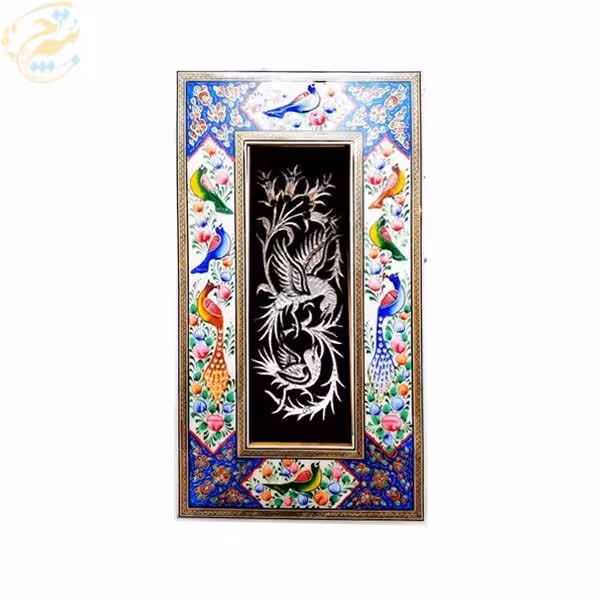 تابلو قلمزنی رومیزی با قاب خاتم کاری گل و بلبل 20در35 سه