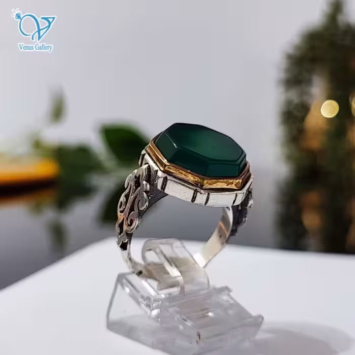 انگشتر نقره مردانه سنگ عقیق سبز