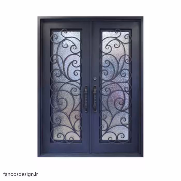 درب فرفورژه فلزی لوکس دو لنگه و شیشه خور کد 1104