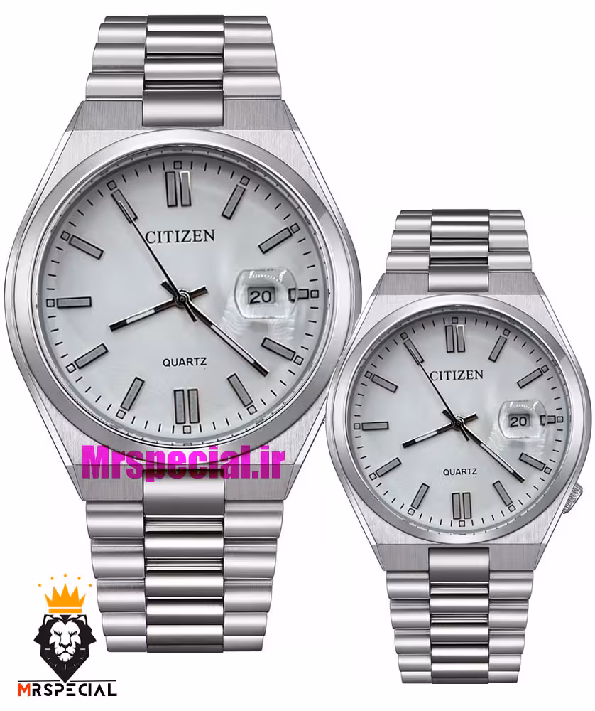 ساعت سیتیزن ست مردانه و زنانه مدل سویوسا کوارتز استیل صفحه سفید 021320 CITIZEN TSUYOSA