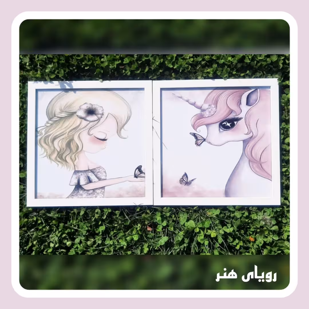 تابلو کودک تک شاخ و فرشته چاپ سیلک و قاب پی وی سی به همراه شیشه