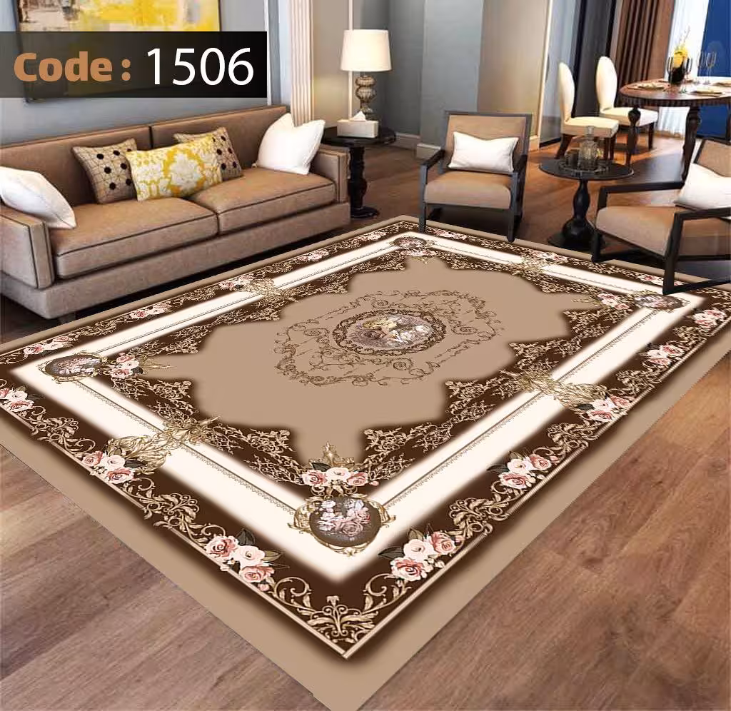 کاورفرش روفرشی دورکشدار گوشه لیفه ای کرم  قهوه ای کد 1506