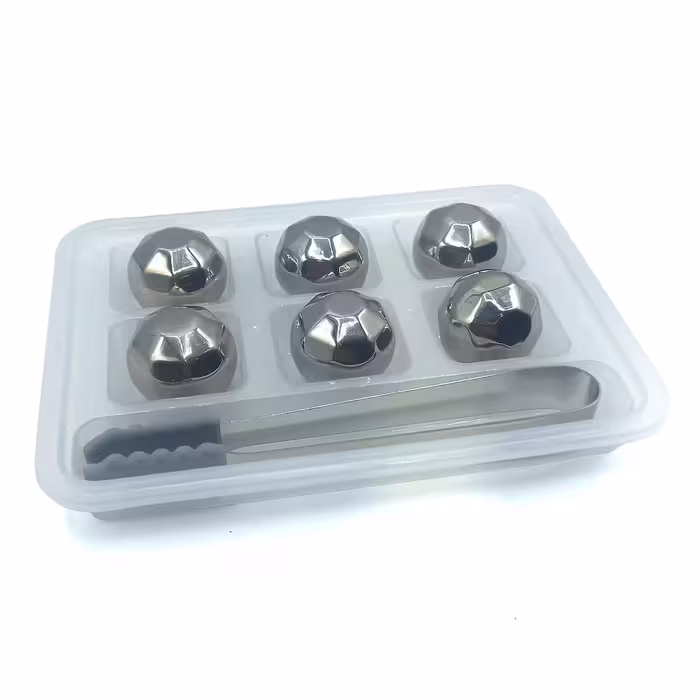 یخ فلزی کروی چند ضلعی استیل مجموعه 6 عددی به همراه انبر کد a310003