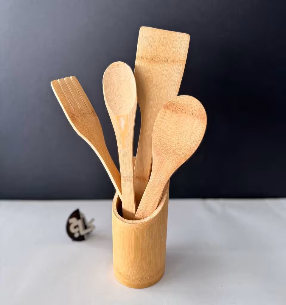 ست کفگیر و ملاقه بامبو همراه با استند