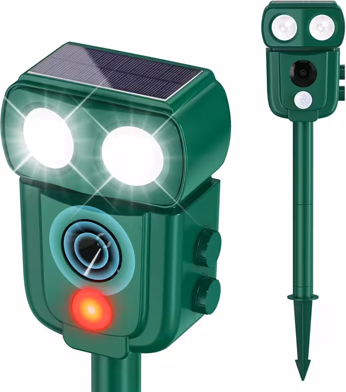 دورکننده حیوانات--دستگاه دفع حیوانات اولتراسونیک فضای باز، دستگاه دفع گربه و راکون و گوزن با انرژی خورشیدی، کنترل مار خرگوش با سنسور حرکت و نور فلش، دستگاه دفع سنجاب و راسو ضد آب برای حیاط، مزرعه و باغ