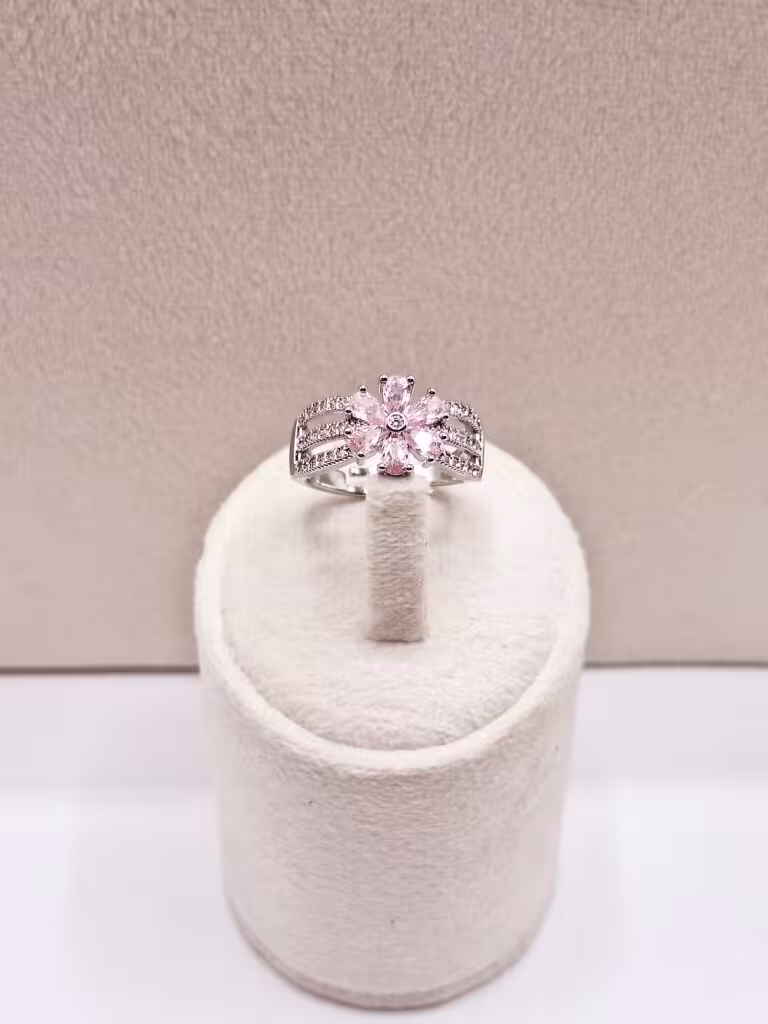 انگشتر جواهری 3 شاخه گل همیشه بهار صورتی فری سایز