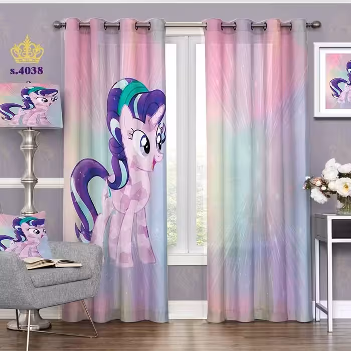 پرده اتاق خواب کودک دو قواره پانچ طرح اسب تک شاخ کد S4038