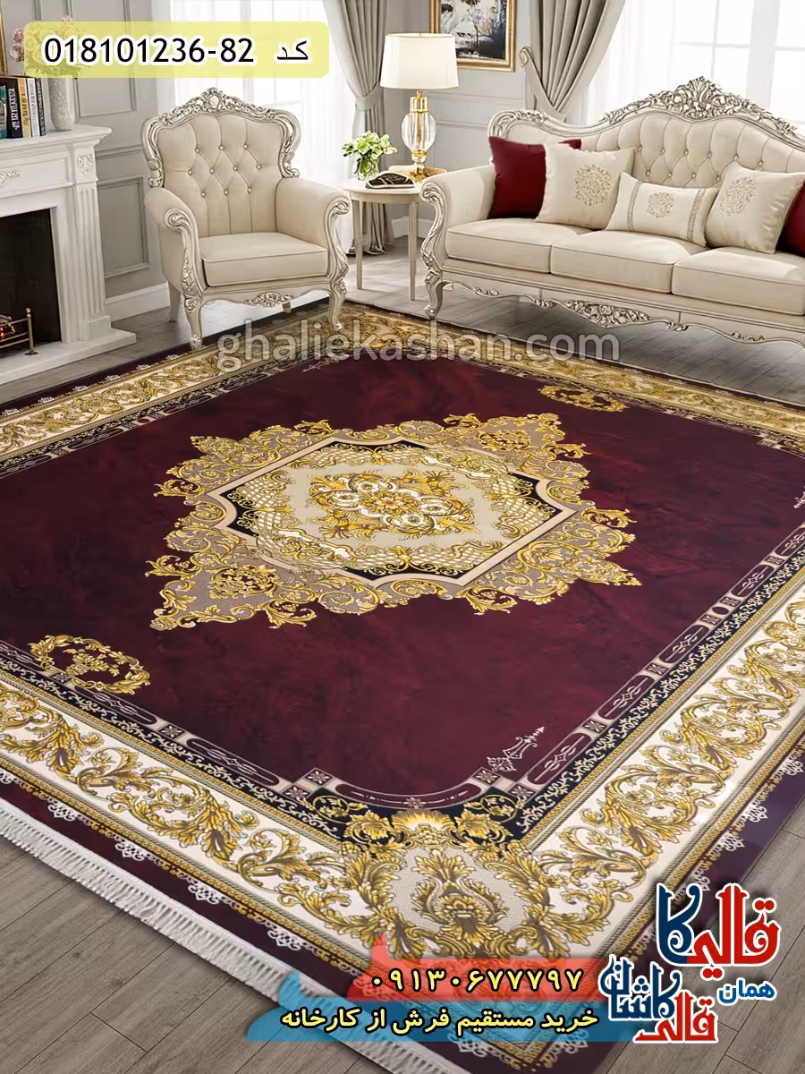 فرش طلاکوب 1200 شانه طرح رزیتا زمینه قرمز روناسی کاشان