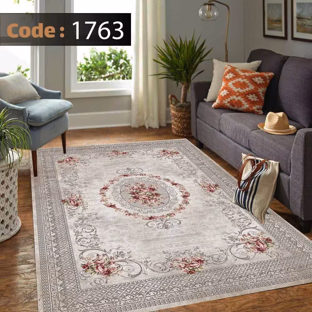 کاورفرش روفرشی دورکشدار گوشه لیفه ای کرم  قهوه ای کد 1763