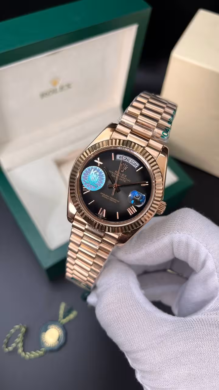 ساعت مچی مردانه رولکس دی دیت ROLEX DAY DATE رنگ مشکی بند رزگلد