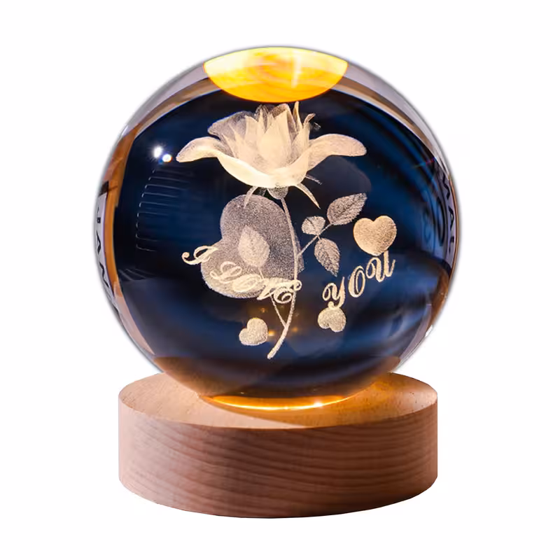 چراغ خواب مدل گوی کریستال سه بعدی طرح گل رز عاشقانه